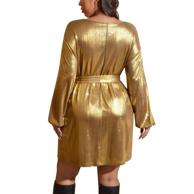 Shiny Metallic Deep V-neck Women Dress with Belt Fashion Long Sleeves A-line Mini Dress Elegant Revelry Party Solid Vestidos