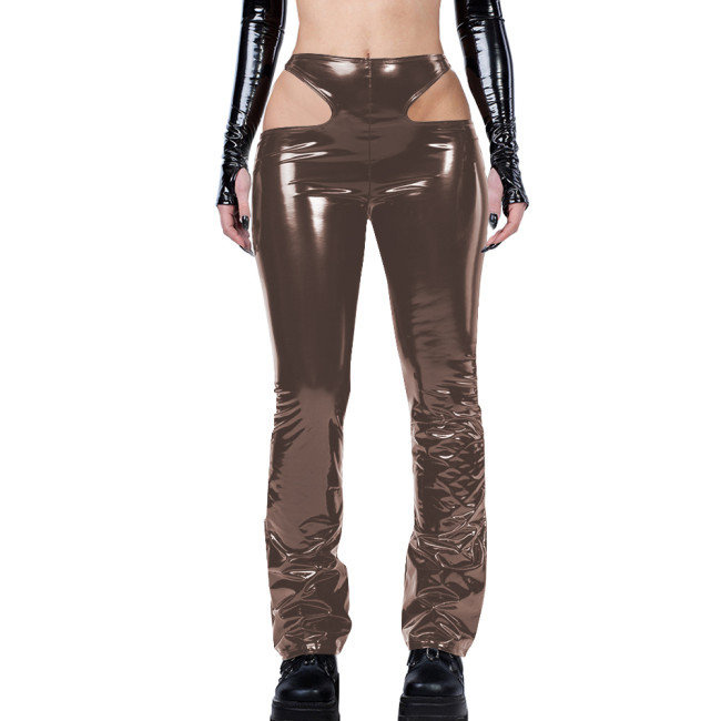 Gothic Sexy Side Hollowing Out Pants Women Bodycon PVC Leather Pancli Pants Punk Style Streetwear Women Trousers Solid Capris
