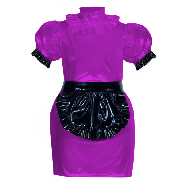 French Role Play Maid Outfits Puffed Sleeves Slim PVC Leather Mini Dress Women Sexy Cosplay Lingerie Maid Dress Waitress Uniform