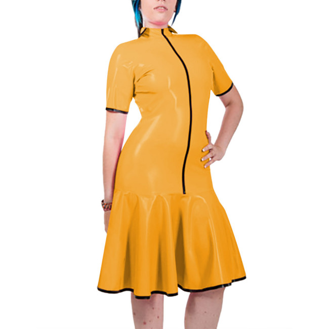 Fashion Women Mock Neck PVC Leather Dresses Elegant Short Sleeve Front Zip Bodycon Mermaid Dress Revelry Party Solid Vestido