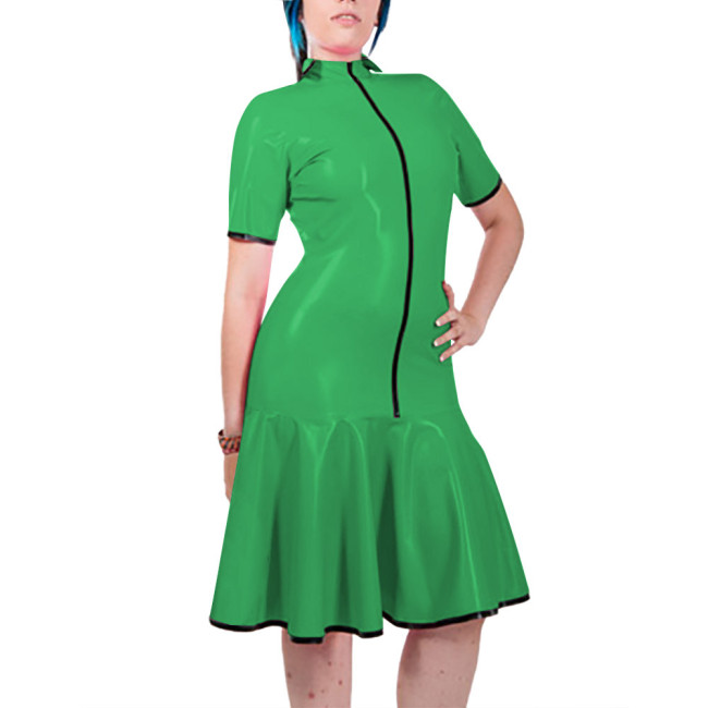 Fashion Women Mock Neck PVC Leather Dresses Elegant Short Sleeve Front Zip Bodycon Mermaid Dress Revelry Party Solid Vestido