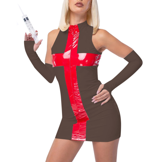 Fetish PVC Nurse Dress Career Cosplay Sleeveless Bodycon Patchwork Hip Wrap Mini Dress Sissy Role Play Latex Look Sexy Costumes