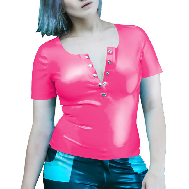 Wetlook Women Clothes Summer Short Sleeve Bodycon Solid Color PVC T-Shirts Sexy Slim Office Latex Look Ladies Tops Streetwear