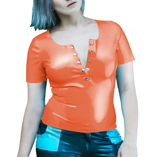 Wetlook Women Clothes Summer Short Sleeve Bodycon Solid Color PVC T-Shirts Sexy Slim Office Latex Look Ladies Tops Streetwear