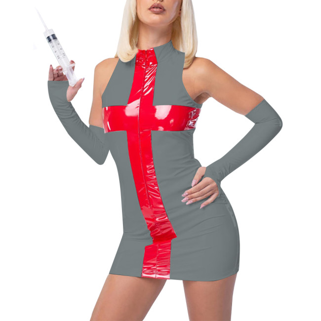 Fetish PVC Nurse Dress Career Cosplay Sleeveless Bodycon Patchwork Hip Wrap Mini Dress Sissy Role Play Latex Look Sexy Costumes