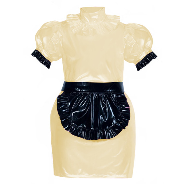 French Role Play Maid Outfits Puffed Sleeves Slim PVC Leather Mini Dress Women Sexy Cosplay Lingerie Maid Dress Waitress Uniform