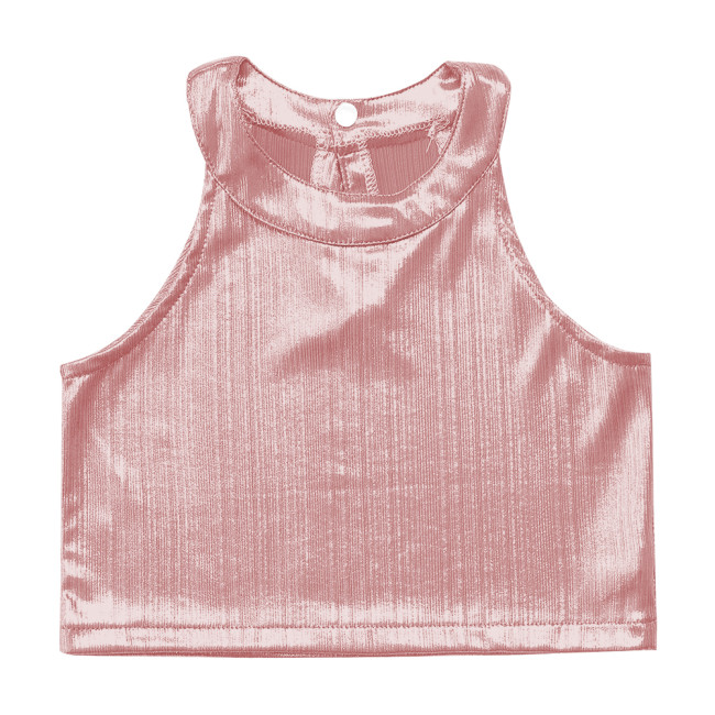 Shiny Metallic O Neck Slim Fit Hot Tops for Women Sleeveless Sexy Bodycon Crop Top Daily Lady Tanks Outdoor Clothes Streetwear