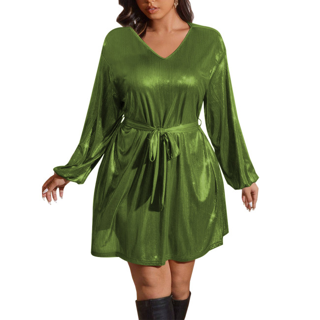 Shiny Metallic Deep V-neck Women Dress with Belt Fashion Long Sleeves A-line Mini Dress Elegant Revelry Party Solid Vestidos