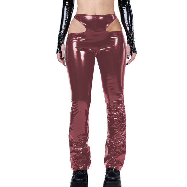 Gothic Sexy Side Hollowing Out Pants Women Bodycon PVC Leather Pancli Pants Punk Style Streetwear Women Trousers Solid Capris