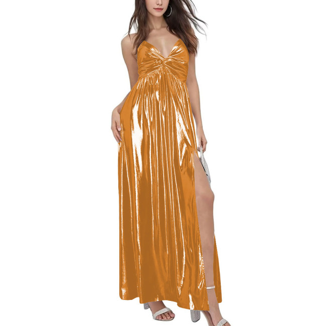 Summer Robe Argent Spaghetti Slip Beach Dress Women Shiny Metallic Side Slit Stretch Slim Maxi Dress Vacation Party Dress Sissy