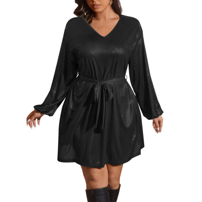 Shiny Metallic Deep V-neck Women Dress with Belt Fashion Long Sleeves A-line Mini Dress Elegant Revelry Party Solid Vestidos