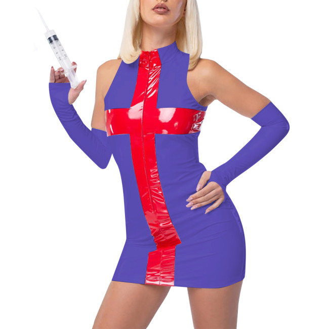 Fetish PVC Nurse Dress Career Cosplay Sleeveless Bodycon Patchwork Hip Wrap Mini Dress Sissy Role Play Latex Look Sexy Costumes