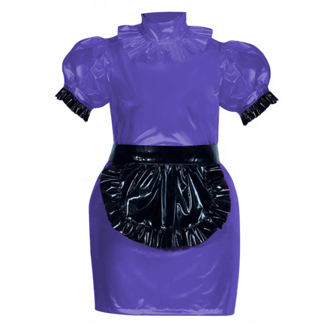 French Role Play Maid Outfits Puffed Sleeves Slim PVC Leather Mini Dress Women Sexy Cosplay Lingerie Maid Dress Waitress Uniform