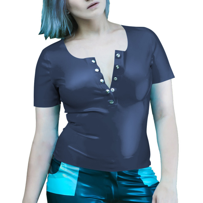 Wetlook Women Clothes Summer Short Sleeve Bodycon Solid Color PVC T-Shirts Sexy Slim Office Latex Look Ladies Tops Streetwear