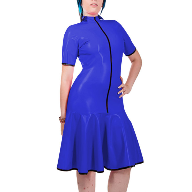 Fashion Women Mock Neck PVC Leather Dresses Elegant Short Sleeve Front Zip Bodycon Mermaid Dress Revelry Party Solid Vestido