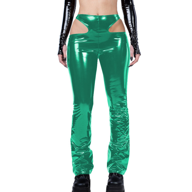 Gothic Sexy Side Hollowing Out Pants Women Bodycon PVC Leather Pancli Pants Punk Style Streetwear Women Trousers Solid Capris