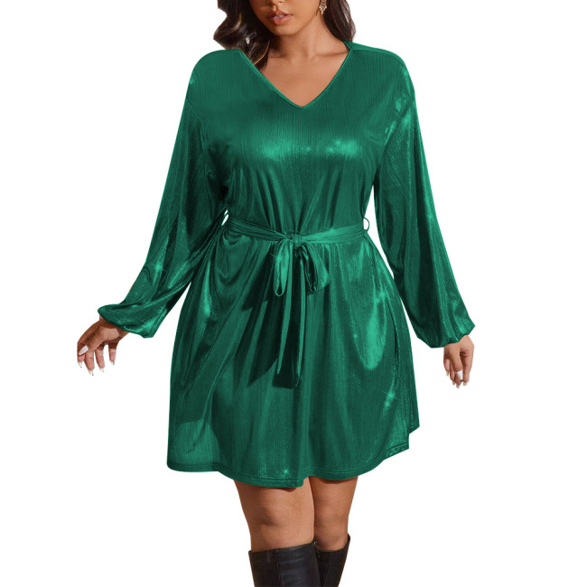 Shiny Metallic Deep V-neck Women Dress with Belt Fashion Long Sleeves A-line Mini Dress Elegant Revelry Party Solid Vestidos