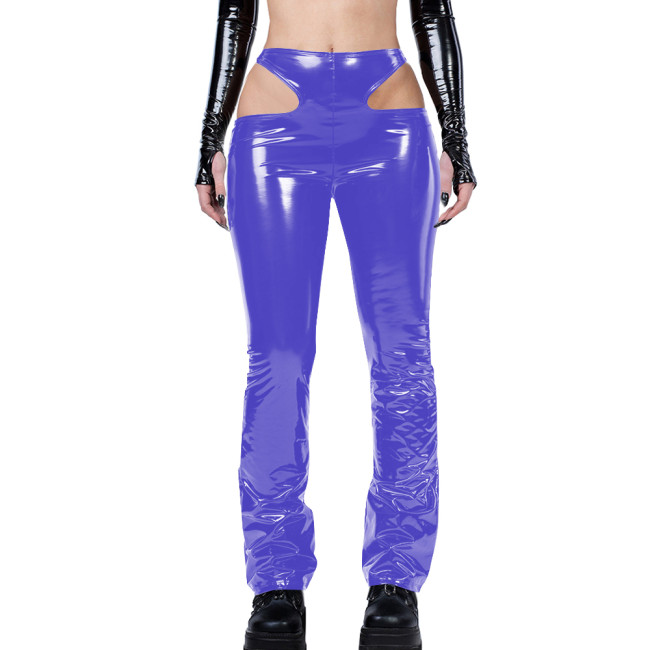 Gothic Sexy Side Hollowing Out Pants Women Bodycon PVC Leather Pancli Pants Punk Style Streetwear Women Trousers Solid Capris