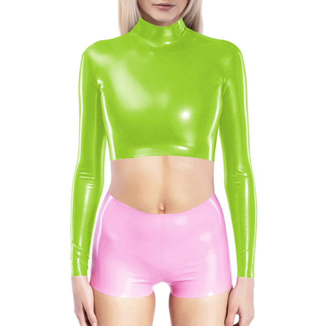 Fashion PVC Leather Long Sleeves Crop Tops Bodycon Women T Shirt Tops Office Ladies Solid Slim Fit Gothic Short Sexy Tops Casual