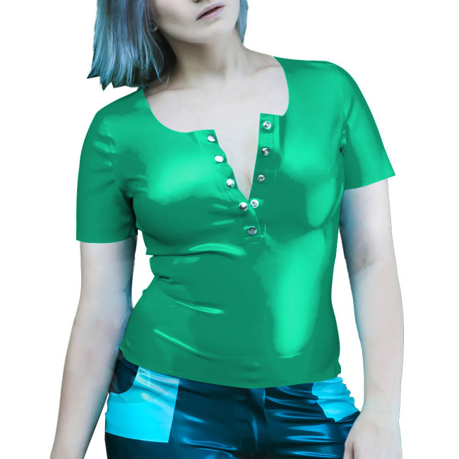 Wetlook Women Clothes Summer Short Sleeve Bodycon Solid Color PVC T-Shirts Sexy Slim Office Latex Look Ladies Tops Streetwear