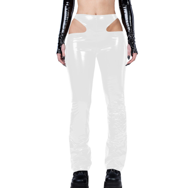 Gothic Sexy Side Hollowing Out Pants Women Bodycon PVC Leather Pancli Pants Punk Style Streetwear Women Trousers Solid Capris
