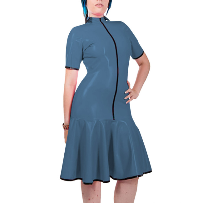 Fashion Women Mock Neck PVC Leather Dresses Elegant Short Sleeve Front Zip Bodycon Mermaid Dress Revelry Party Solid Vestido