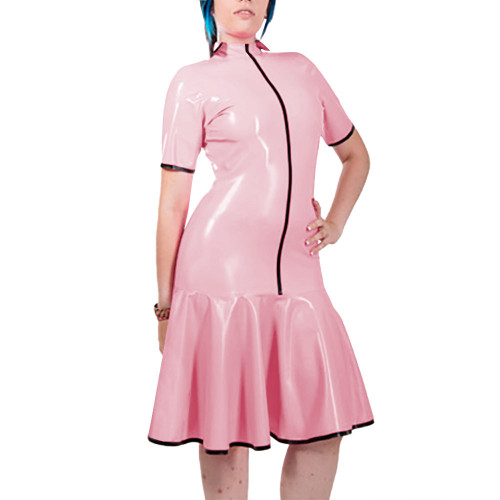 Fashion Women Mock Neck PVC Leather Dresses Elegant Short Sleeve Front Zip Bodycon Mermaid Dress Revelry Party Solid Vestido