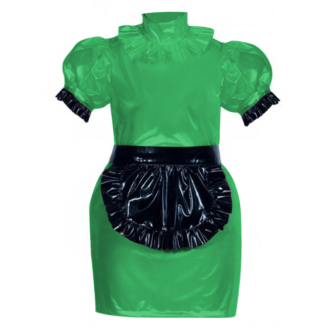French Role Play Maid Outfits Puffed Sleeves Slim PVC Leather Mini Dress Women Sexy Cosplay Lingerie Maid Dress Waitress Uniform