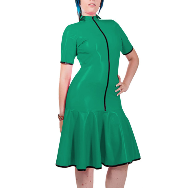 Fashion Women Mock Neck PVC Leather Dresses Elegant Short Sleeve Front Zip Bodycon Mermaid Dress Revelry Party Solid Vestido