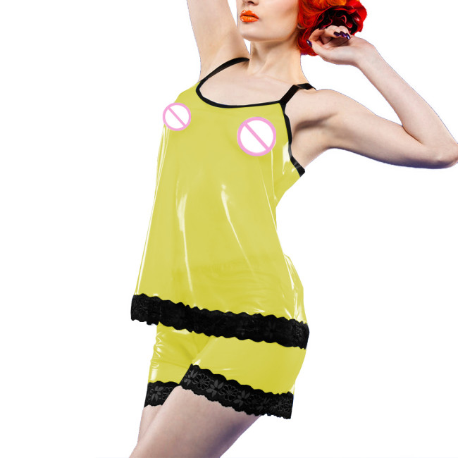 Exotic Sets Wetlook Clear PVC Sexy Spaghetti Strap Tops See Through High Waist Loose Shorts Lingerie Set Fetish Plastic Pyjama