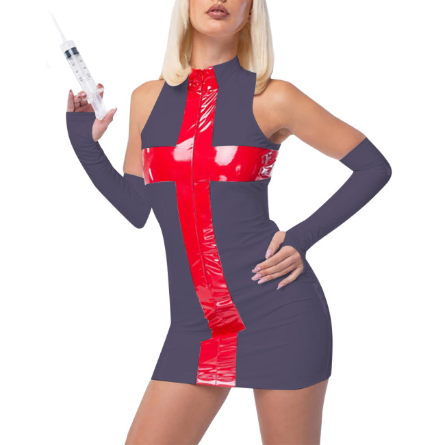 Fetish PVC Nurse Dress Career Cosplay Sleeveless Bodycon Patchwork Hip Wrap Mini Dress Sissy Role Play Latex Look Sexy Costumes