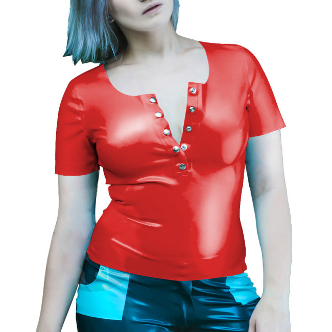 Wetlook Women Clothes Summer Short Sleeve Bodycon Solid Color PVC T-Shirts Sexy Slim Office Latex Look Ladies Tops Streetwear