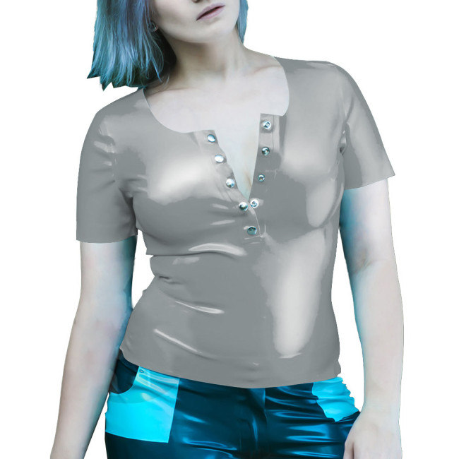 Wetlook Women Clothes Summer Short Sleeve Bodycon Solid Color PVC T-Shirts Sexy Slim Office Latex Look Ladies Tops Streetwear