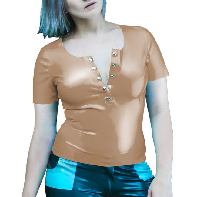 Wetlook Women Clothes Summer Short Sleeve Bodycon Solid Color PVC T-Shirts Sexy Slim Office Latex Look Ladies Tops Streetwear