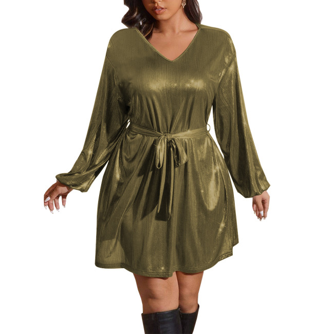 Shiny Metallic Deep V-neck Women Dress with Belt Fashion Long Sleeves A-line Mini Dress Elegant Revelry Party Solid Vestidos