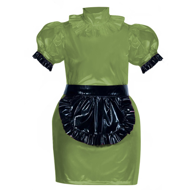 French Role Play Maid Outfits Puffed Sleeves Slim PVC Leather Mini Dress Women Sexy Cosplay Lingerie Maid Dress Waitress Uniform