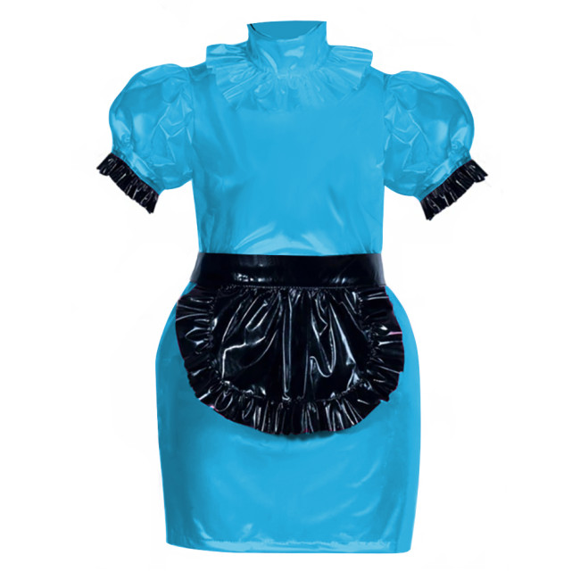 French Role Play Maid Outfits Puffed Sleeves Slim PVC Leather Mini Dress Women Sexy Cosplay Lingerie Maid Dress Waitress Uniform