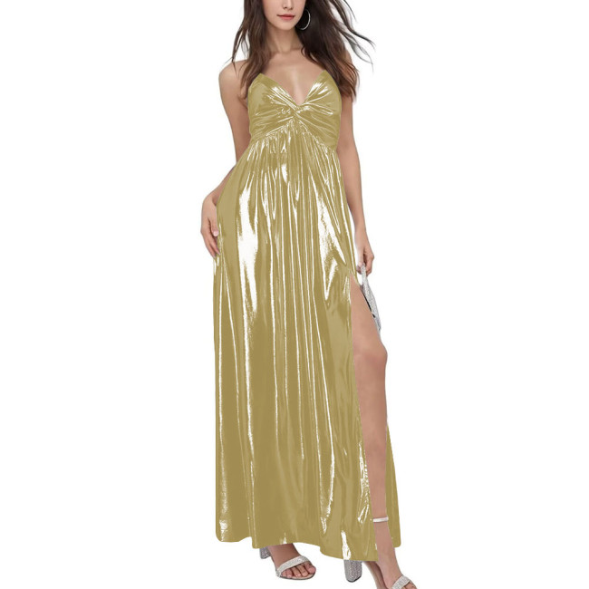 Summer Robe Argent Spaghetti Slip Beach Dress Women Shiny Metallic Side Slit Stretch Slim Maxi Dress Vacation Party Dress Sissy