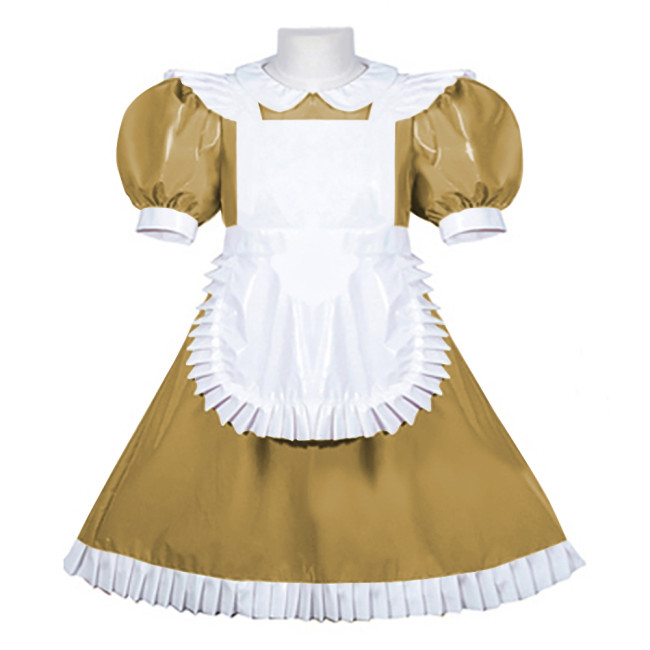 Women PVC Leather Maid Sweet Lolita Dress Sissy Mens Puffed Sleeves Stretch Slim Fit Midi Dress Crossdresser Cosplay Maid Outfit