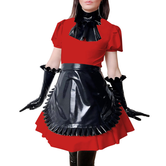 Maid Costume Women PVC Leather Short Sleeve Slim Fit Mini Dress Fetish Maid Cross Dressing Role Play Maid Outfits 7XL