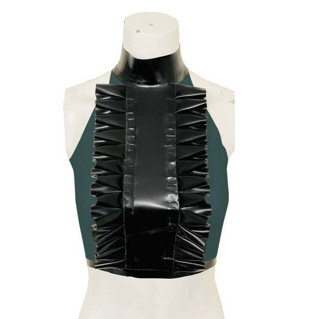 High Neck Ruffled Design Patchwork Black Tank Top Women Faux Latex Bodycon Halter Summer Crop Top PVC Womens Clothing Clubwear