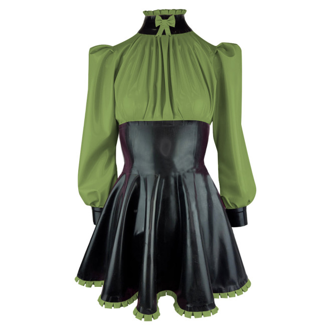 Elegance Long Sleeves PVC Leather Short Birthday Dress for Women High Neck Bow Patchwork Black Mini Dress Revelry Party Vestido