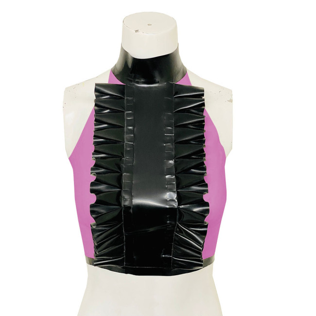 High Neck Ruffled Design Patchwork Black Tank Top Women Faux Latex Bodycon Halter Summer Crop Top PVC Womens Clothing Clubwear