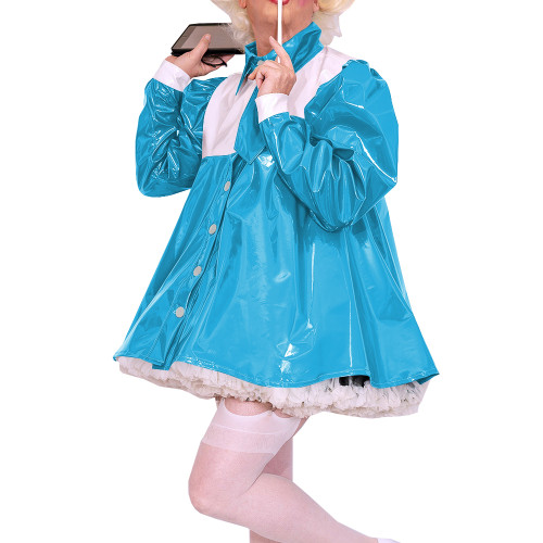 French Sweet Turtleneck Lolita Dress PVC Leather Long Sleeves Button A-line Mini Dress Women Cute Japanese Latex Look Vestido