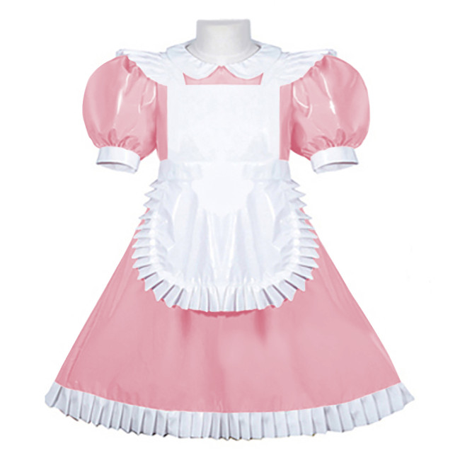 Women PVC Leather Maid Sweet Lolita Dress Sissy Mens Puffed Sleeves Stretch Slim Fit Midi Dress Crossdresser Cosplay Maid Outfit