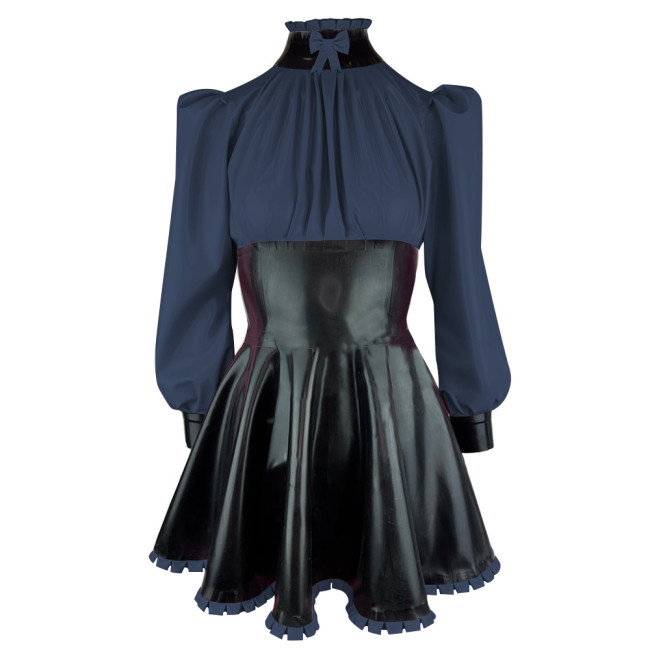 Elegance Long Sleeves PVC Leather Short Birthday Dress for Women High Neck Bow Patchwork Black Mini Dress Revelry Party Vestido