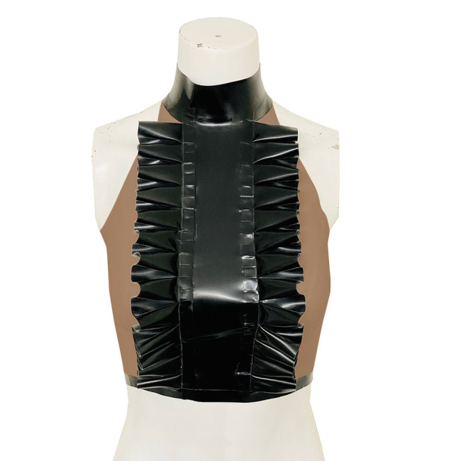High Neck Ruffled Design Patchwork Black Tank Top Women Faux Latex Bodycon Halter Summer Crop Top PVC Womens Clothing Clubwear