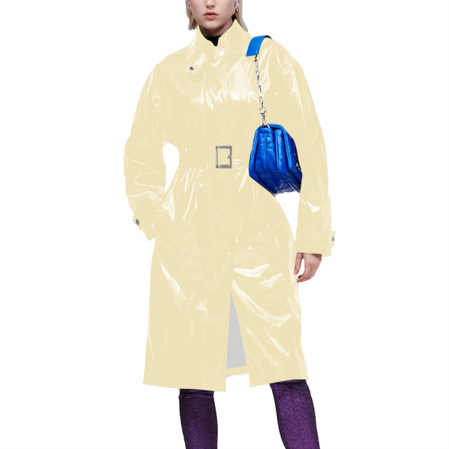 Elegant Turn-down Collar Trench Coats for Women Long Sleeves Punk Slim Fit Jacket with Belt Office Lady Vintage Midi Trench