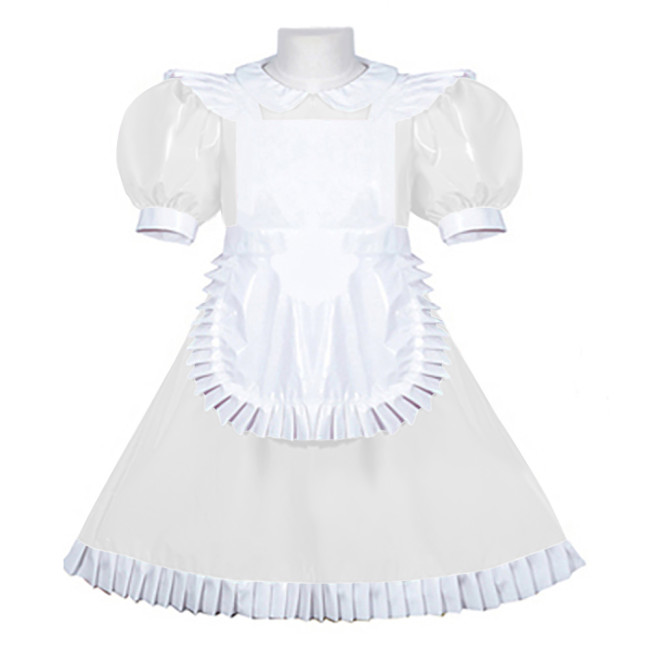 Women PVC Leather Maid Sweet Lolita Dress Sissy Mens Puffed Sleeves Stretch Slim Fit Midi Dress Crossdresser Cosplay Maid Outfit