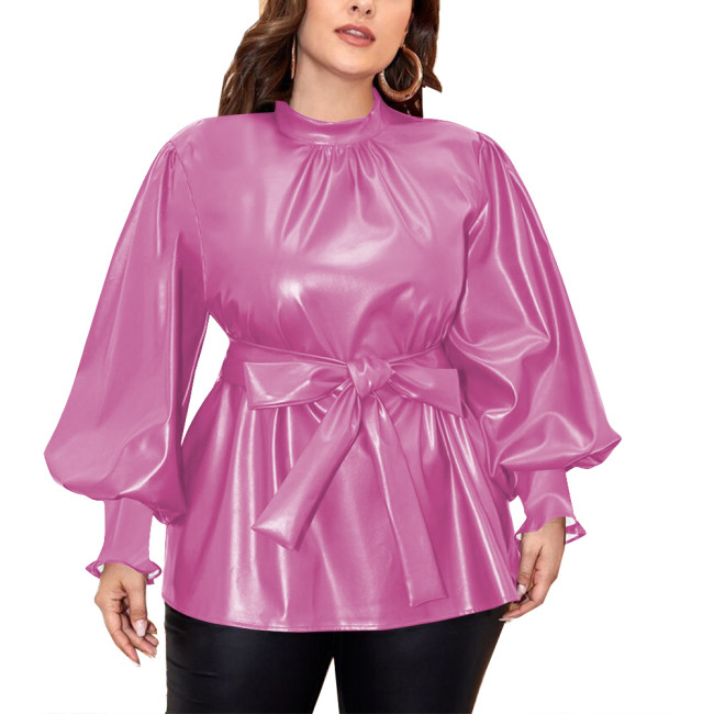 Fashion Long Puff Sleeves Slim Fit PU Blouse with Belt Back Zipper Bodycon Women Tops Vintage Faux Leather Office Ladies Tops